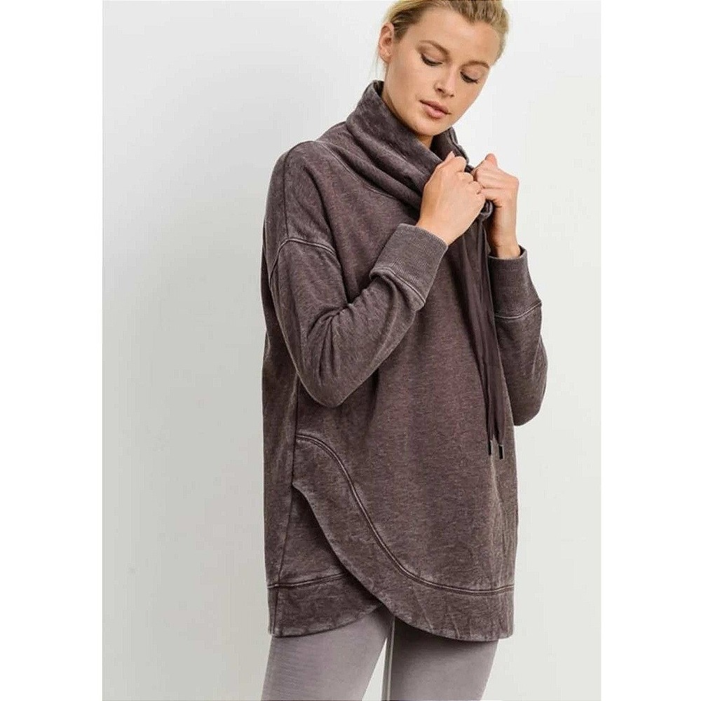 Mono B Women Dusty Plum Mineral Wash Cowl Neck Tulip Hem Sweatshirt Small